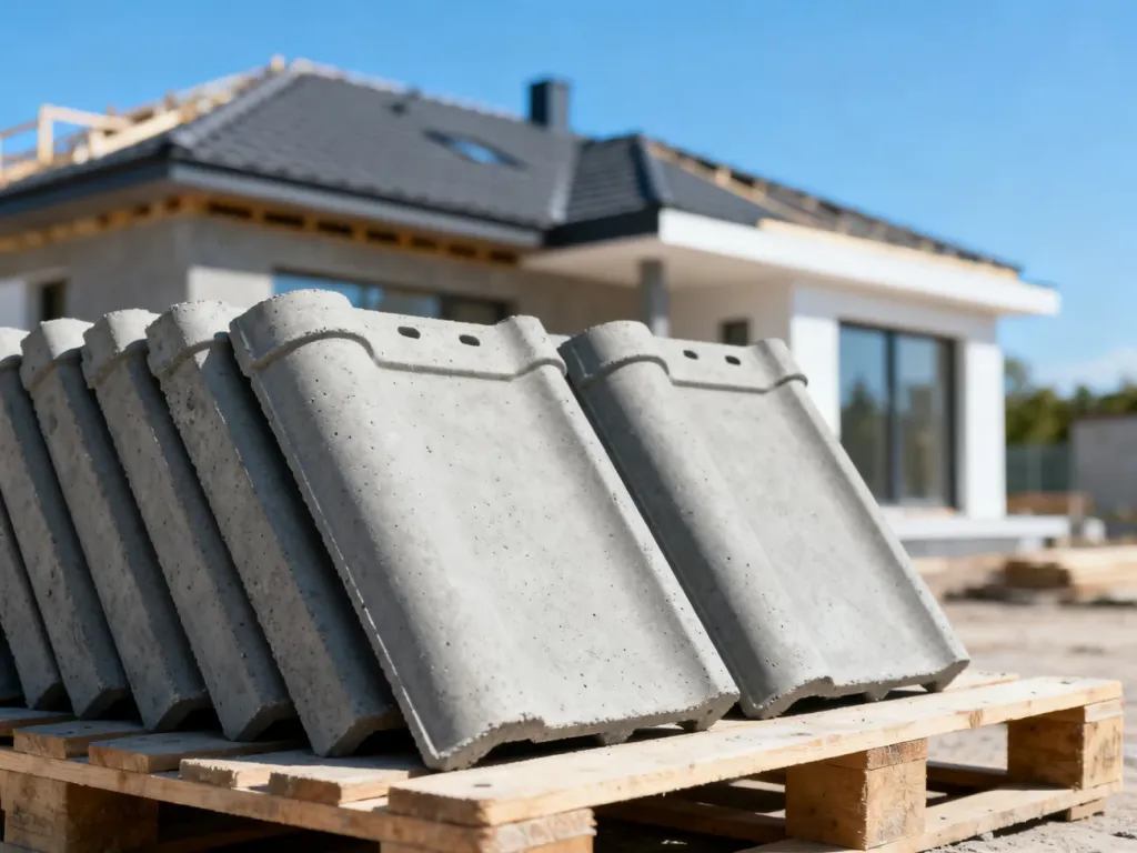 Szare dachówki betonowe ułożone na palecie, a w tle rozmyty widok dachu nowoczesnego domu w budowie.