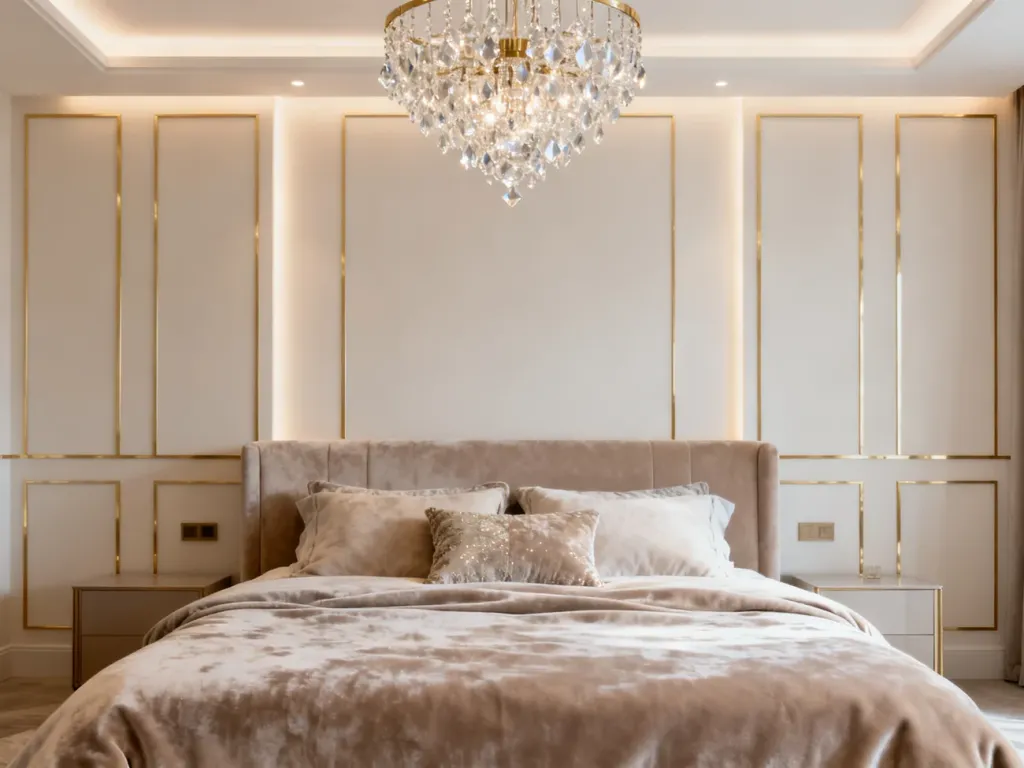 Elegancka sypialnia w stylu glamour z welurowym łóżkiem, złotymi akcentami i kryształowym żyrandolem.